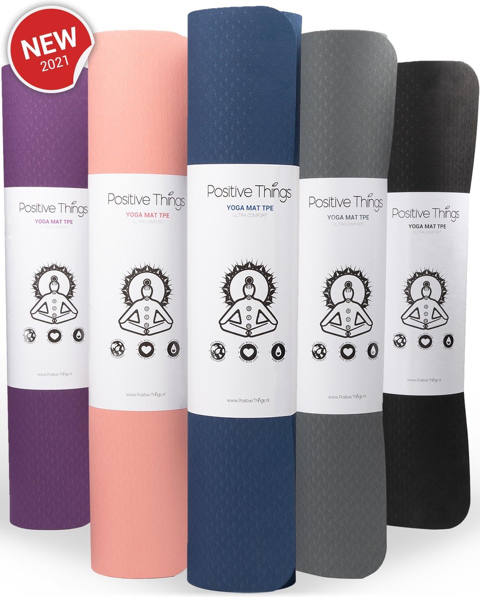 Positive Things - Yoga Mat TPE Blauw - 6mm dik - Fitness Mat Anti Slip - Trainingsmat