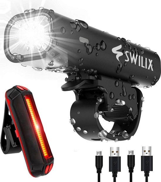 SWILIX ® - Fietsverlichting Set - Oplaadbare USB Led Fietslamp - Voor en Achter - Waterdicht - 4 Lichtstanden - Zwart