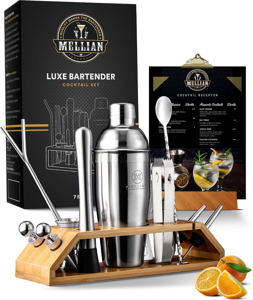 Mellian - Cocktail Set - 15-delige Cocktail Shaker Set - Inclusief Bamboe Standaard & Menukaart
